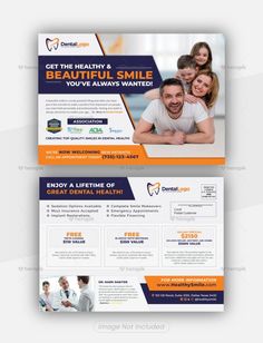 an orange and blue flyer for dental clinic