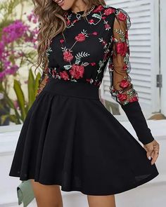 Lasaky - Floral Embroidery Sheer Mesh Casual Dress Long Sleeve Embroidered Mini Dress For Fall, Embroidered Long Sleeve Mini Dress For Fall, Red Long Sleeve Dress With Embroidered Sleeves, Fitted Long Sleeve Dress With Embroidered Hem, Spring Party Dress With Embroidered Sleeves, Fitted Long Sleeve Embroidered Dress With Embroidered Hem, Fall Party Long Sleeve Embroidered Dress, Fitted Long Sleeve Dress With Floral Embroidery, Fitted Long-sleeve Embroidered Dress With Floral Applique