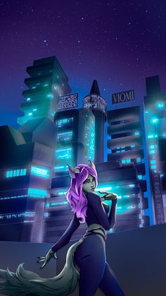 a woman with purple hair is standing in front of a city at night