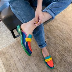 2004BLB61211 (9) Mules Shoes Heels, Half Slippers, Block Heel Loafers, Clog Heels, Genuine Leather Shoes, Rainbow Color, Leather Shoes Woman, Heeled Loafers, Ciabatta