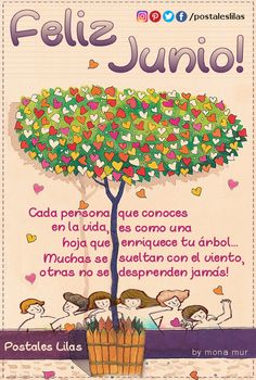 a poster with the words feliz junior written in spanish and two children under a tree