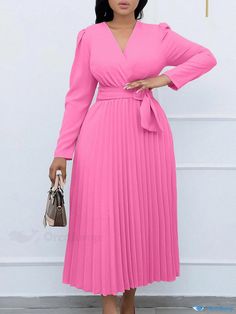 Orcajump - Long-sleeve Tie-waist Solid-color Collared Fitted Pleated Dress Types Of Skirts, Types Of Collars, Pleated Dress, Pleated Skirt, Types Of Sleeves, Sleeve Length, Solid Color, V Neck, Collar