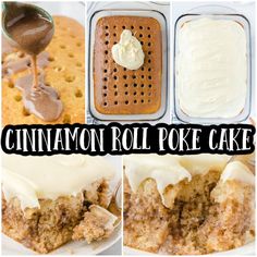 cinnamon roll poke cake with frosting and icing on top in four different pans