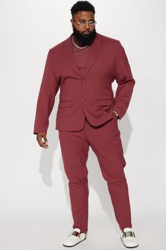 Available In Burgundy. Pointed Lapels Front Pockets Button Front Pair with The Modern Stretch Slim Trouser Shell 65% Polyester 33% Viscose 2% Spandex Lining 100% Polyester Imported | Mens The Modern Stretch Suit Jacket in Burgundy size L (42) by Fashion Nova Fitted Button-up Fall Suits, Fitted Fall Button-up Suits, Fitted Fall Suits With Button-up Shape, Fitted Solid Sport Coat With Button Closure, Fitted Button-up Sport Coat, Fitted Burgundy Blazer For Work, Solid Flat Front Fall Suits, Fitted Burgundy Outerwear For Business Casual, Fitted Fall Suits With Button-up Style