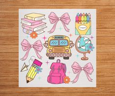 the back to school sticker sheet is shown on a wooden surface with pencils and books