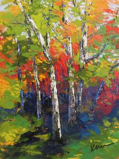 an oil painting of trees in the fall