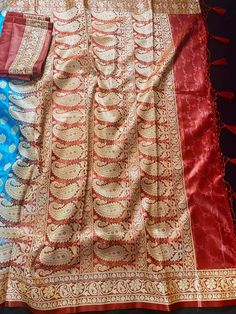 Banarasi Tanchoi Silk Handloom Saree in Sky Blue and Red color | Zari Weaving with Motifs | Tanchoi Silk Saree | Kaash Collection - Kaash Collection Blue Patterned Jamawar Traditional Wear, Blue Jamawar Lehenga With Traditional Patterns, Blue Traditional Jamawar Wear With Patterns, Blue Jamawar Traditional Wear With Patterns, Blue Jamawar Traditional Wear With Traditional Patterns, Blue Jamawar Lehenga For Traditional Ceremonies, Blue Jamawar Dupatta With Traditional Patterns, Blue Jamawar Dupatta With Self Design, Blue Jamawar Handloom Traditional Wear