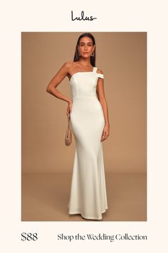 Sway to the music in the Lulus Make an Entrance White One-Shoulder Mermaid Maxi Dress! Medium-weight crepe knit shapes this stunning gown with a one-shoulder neckline (with hidden no-slip strips), single tank strap and an off-the-shoulder strap. Princess-seamed bodice and fitted waist carry into a full maxi skirt with a sexy mermaid silhouette. Hidden back zipper/clasp. Fit: This garment fits true to size. Length: Floor length. Size medium measures 59" from shoulder to hem. Bust: Great for any c Fitted One Shoulder Dress For Gala With Straight Neckline, Fitted One Shoulder Maxi Bridesmaid Dress, Fitted One Shoulder Evening Dress With Straight Neckline, Fitted One Shoulder Dress For Evening With Straight Neckline, Fitted One Shoulder Dress With Straight Neckline For Wedding, One Shoulder Fitted Maxi Dress For Wedding, Fitted One-shoulder Maxi Dress For Wedding, Fitted White One Shoulder Prom Dress, Fitted White One-shoulder Prom Dress