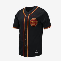 Rep USC Baseball while looking like you just stepped off the diamond yourself in this replica baseball jersey. Team details pair with a button-down design and a classic fit to give you a look that's ready for every day, not just game day. Black Collegiate Baseball Jersey For College, Collegiate Black Baseball Jersey For College, Black Cotton Baseball Jersey For Fan Gear, Black Cotton Baseball Jersey With Team Logo, Black Cotton Baseball Jersey For Game Day, Collegiate Black Baseball Jersey With Baseball Collar, Cotton Baseball Jersey With Team Logo For Streetwear, Nike Baseball Jersey For Game Day, Nike Baseball Jersey With Team Name For Baseball Season