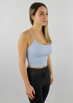 baby blue, scoop neck, cropped, spaghetti strap, criss cross strappy back detail, open back, comfortable, tank top, bra top, activewear-Rock N Rags Going Out Tops, Work It, Workout Tanks, Basic Tops, Rock N, Low Back, Colorful Fashion, Boutique Clothing, One Size Fits All