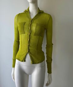 Vintage Plein Sud green long sleeve button up shirt made of stretchy micropleated mesh fabric  Fits like an XS Green Stretch Tops With Button Closure, Green Stretch Tops With Buttons, Fitted Green Button-up Top, Fitted Green Blouse With Button Closure, Womens Blouses, Long Sleeve Button Up Shirt, Green Long Sleeve, Button Up Top, Green Button