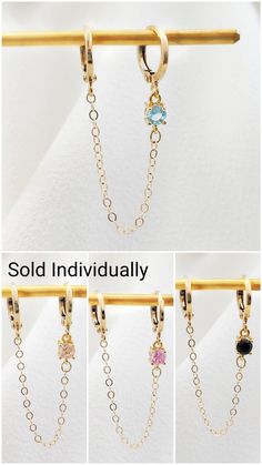 "14K gold-filled cable chain with one 4mm CZ crystal (your choice of aqua, peach, pink, or black) Two dipped 16K gold-plated 11mm one-touch leverback huggie earrings NOTE: This listing is for one earring with 2 huggies connected by gold-filled chain with one CZ crystal. These earrings are sold individually, NOT by the pair. If you want a pair of these earrings, please put a quantity of 2 in your cart. This double-huggie CZ crystal earring requires a double-piercing. NOTE: Gemsicles' gold-filled, Gold Minimalist Jewelry, Dried Flower Jewelry, Multi Necklace, Peach Morganite, Blue Peach, Huggie Earrings, Aquamarine Blue, Peach Pink, Gold Filled Jewelry