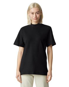 Unisex Mockneck Pique T-Shirt - BLACK - M | American Apparel Mockneck Pique T-Shirt in Black Size Medium | Ringspun Cotton Casual Black Turtleneck T-shirt, Classic Black High Neck Top, Black High Neck Classic Top, Classic High Neck Black Top, Black High Neck Cotton Top, Classic High Neck Tops With Relaxed Fit, Black Turtleneck T-shirt, Casual High Neck T-shirt, Casual High-neck T-shirt