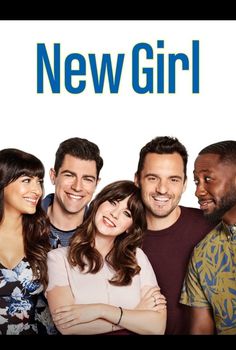 a group of people standing next to each other in front of a sign that says new girl