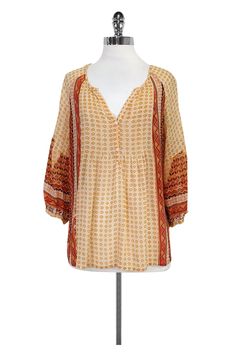 Current Boutique-Joie - Orange Printed Semi Sheer Top Sz M Spring V-neck Blouse With Block Print, Fall Printed Tops With 3/4 Sleeves, Printed 3/4 Sleeve Blouse For Fall, Printed Half Sleeve Beach Blouse, Beach Blouse With Half Sleeves And Print, Beach Half Sleeve Printed Blouse, Bohemian Half Sleeve Summer Tops, Spring Ikat Print Long Sleeve Tops, Spring Long Sleeve Ikat Print Tops