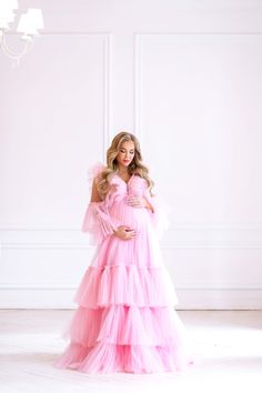 "💖 Luxurious Pink Tulle Phot Shoot Dress - the perfect choice for maternity photoshoot. This Pink Maternity Dress features a beautiful full-length design with an abundance of ruffles and layers, creating a truly charming and feminine look. Rose Unique Plus Size Dress, Full Length Dress Pink, Tulle Long Sleeve Dress, Pregnancy Photoshoot Dress - all about our beautiful, universal dress that will fit any event, this dress made with love special for you! 💖 We take pride in offering bespoke tailor Pregnancy Photoshoot Dress, Universal Dress, Tulle Long Sleeve Dress, Photo Shoot Style, Gloves Wedding Dress, Dress For Baby Shower, Tulle Maternity Dress, Pink Maternity Dress, Pregnancy Workouts