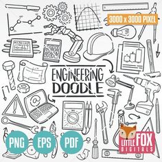 engineering doodle clipart set with various tools and equipment on it, including pencils,