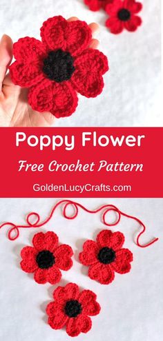 crochet poppy flower pattern is shown in red and black