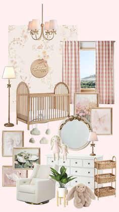 a baby's room is shown with pink and white decor, including a crib,