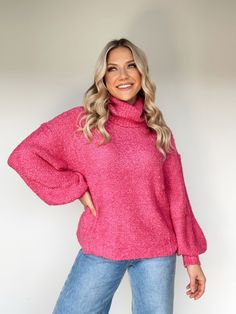 G0516-LA magenta turtleneck sweater Promesa Balloon Sleeves, Have Some Fun, Dresses Xs, Statement Pieces, Pullover Sweaters, Knit Fabric, Knitted Fabric, Color Pop, Turtle Neck