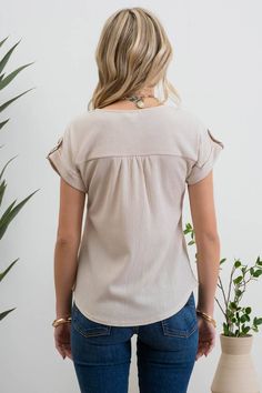 ROUND NECKLINE SHORT SLEEVES ROLL TAB SLEEVE DROP SHOULDER BACK YOKE LACE TRIM CRINKLE KNIT SOLID KNIT TOP SELF: 98%POLYESTER 2%SPANDEX CONTRAST: 100%POLYESTER Versatile Beige V-neck Top, Cotton V-neck Top With Rolled Sleeves, Beige Solid Color V-neck Top, Casual Cream V-neck Top, Cream Solid Color Top For Spring, Versatile Cream Top For Day Out, Versatile Cream Tops For Day Out, Spring Short Sleeve Knit Top, Everyday Spring Short Sleeve Knit Top