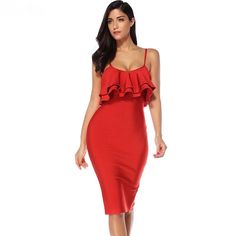 Elegant Ruffles Red Bodycon Midi Dress - Uniqistic.com Fitted Midi Dress With Ruffles And Spaghetti Straps, Red Ruffle Hem Midi Dress For Party, Red Midi Dress With Ruffle Hem For Party, Red Spaghetti Strap Dress With Ruffle Hem, Fitted Red Mini Dress With Ruffle Hem, Red Fitted Ruffle Dress For Party, Fitted Red Ruffle Dress For Party, Red Ruffle Hem Dress For Party, Fitted Red Midi Dress With Ruffles