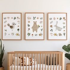 three framed pictures hang on the wall above a crib