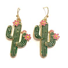 New Cute Enamel And Silver Tone Cactus Charm Is Approx 1 1/4” X 3/4” Green Pink Flowers, White Hoop Earrings, Flamingo Earrings, Round Dangle Earrings, Cactus Earrings, Medium Hoop Earrings, Elephant Earrings, Polymer Earrings, Green Cactus