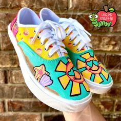 Hand-Painted Hello Summer Beach-Themed Fun in the Sun Shoes, Vans, Cute Teacher Gift School Shoes, Personalized, End of Year Summer Each of our shoes are hand-painted and made to order so minor flaws and variations are expected from shoe to shoe.  Now available in Vans and Off-Brand options Vans will ship in original box. NoBo do not come in a box.  Personalization is not available as space is very limited on this design.** Shoes are sealed with an acrylic sealer to help ensure longevity of your shoes. HOW TO ORDER 1. Choose your desired brand & size from the drop-down menu 2. Choose the quantity you would like to order 3. Click ADD TO CART and checkout when finished shopping Customers have reported that these shoes run true to size. For Vans sizing, please use official size guide from the Green Canvas Shoes With Round Toe For Summer, Green Round Toe Canvas Shoes For Summer, Cute Summer Canvas Shoes With Rubber Sole, Playful Summer Sneakers With Rubber Sole, Playful Summer Lace-up Sneakers, Playful Lace-up Summer Sneakers, Colorful Fun Sneakers For Summer, Multicolor Canvas Sneakers For Summer, Cute Multicolor Sneakers For Summer