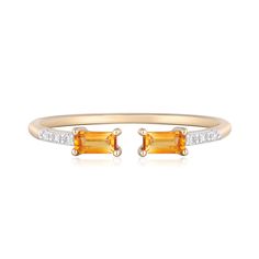 Add a touch of fashionable, of-the-moment style to your look with this slender and sparkling citrine and diamond accent stacking ring. Crafted in glimmering 10K yellow gold, this ring features two baguette citrine gemstones complemented by six round single cut diamonds that add the perfect touch of shine. Wear this ring alone or layered with your favorite accessories. | Citrine & Diamond Accent Stacking Ring | 10K Yellow Gold | Size 7.5 | Layering & Stacking November Birthstone Ring, Measure Ring Size, Country Rings, Helzberg Diamonds, Citrine Ring, Citrine Stone, Citrine Gemstone, Emerald Stone, Anniversary Bands