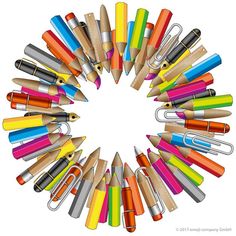 many different colored pencils arranged in a circle