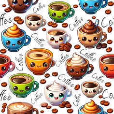 many different cups of coffee with faces drawn on the top and bottom, all surrounded by coffee beans