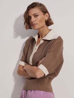 This Finch is a retro-inspired, lightweight honeycomb knit polo with a relaxed fit. Made from 100% cotton, it features dramatic dropped shoulders for a laid-back look – perfect for any casual occasion. Knit Polo, Midi Dress Casual, Summer Blouses, Casual Tops For Women, Clothes Collection, The Chic, Hat Hairstyles, Retro Inspired, Beautiful Patterns