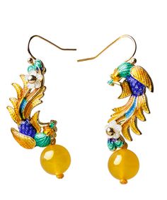 Retro Yellow Gold Plated Phoenix Cloisonne Jade Drop EarringsMade of fine Jade.Measurement: 5cm/1.95" * 1.2cm/0.468". Matches easily with daily hairstyle, dresses & Shirts Summer Yellow Metal Jewelry, Elegant Yellow Summer Earrings, Elegant Yellow Earrings For Summer, Summer Single Yellow Earring, Elegant Yellow Summer Jewelry, Vintage Yellow Summer Earrings, Vintage Yellow Earrings For Summer, Plus Size Fashion Outfits, Fashion Outfits Casual