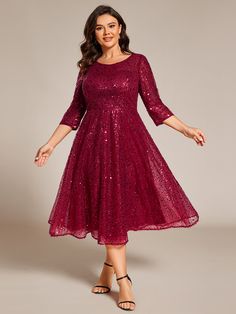 Plus Size 3/4 Sleeve Midi Round Neck A-Line Sequin Wedding Guest Dress #color_Burgundy Formal Christmas Party, Midi Wedding Guest Dress, Sequin Wedding, Sequin Midi Dress, Sequin Design, Christmas Party Dress, Ever Pretty, Guest Dress, Plus Size Wedding