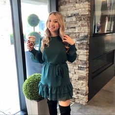 Long Sleeve Dark Green Dress With Ruffles On The Skirt Dress Cold Weather, Skater Dress Outfit, Green Skater Dress, Dark Green Dress, Outfit Styling, Dress With Ruffles, Dress Woman, Skater Dress, Christmas Outfit