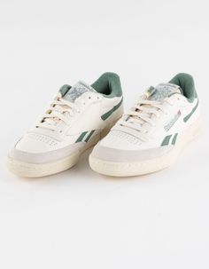 Reebok Club C Revenge Vintage Shoes. Blast From The Past. These Tennis-Inspired Shoes Are Made Of Vintage-Style Leather For An Old-School Look And Feel. A Contrast Heel Tab And Side Stripes Add Even More Retro Flair. Vintage-Style Leather Upper. Rubber Outsole For Durability. Imported. Green Rebook Sneakers, Winter And Fall Shoes, Cool Reebok Shoes, Womens Sneakers New Balance, Men’s Fall Shoes 2024, 80s Shoes Aesthetic, Trendy Women Sneaker, V-10 Veja, Mens Shoes Trendy