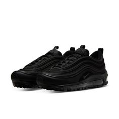 Nike Womens WMNS Air Max 97 'Triple Black' Black/Black-Black 921733-001 Nike Black Women Shoes, Black Air Max 97 Outfit Women, Nike Shoes Women Black, Shoes Inspo 2024, Black Nike Sneakers Women, All Black Shoes Women, Airmax 97 Outfit Women, All Black Tennis Shoes, Black Shoes For School