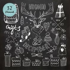 christmas chalkboard design with deer, presents and gifts on the blackboard stock photo