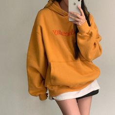 Vintage Embroidery Letter Solid Color Hoodie Yellow Hooded Casual Sweater, Casual Yellow Hooded Sweater, Trendy Oversized Yellow Hoodie, Yellow Letter Print Long Sleeve Sweater, Yellow Long Sleeve Sweater With Letter Print, Oversized Yellow Casual Sweatshirt, Trendy Orange Cotton Hoodie, Casual Orange Hoodie With Letter Print, Casual Yellow Letter Print Sweater