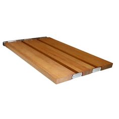 a wooden shelf with metal handles on it