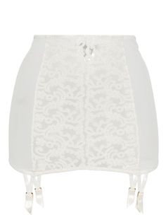 ivory white stretch-silk panelled design floral-lace detailing high-waisted clip-on hooks Feminine Fitted Bottoms With Contrast Lace, Chic Fitted Bottoms With Delicate Lace, Fitted Party Bottoms With Delicate Lace, Fitted Bottoms With Scalloped Lace For Party, Fitted Scalloped Lace Party Bottoms, Elegant Fitted Bottoms With Contrast Lace, Luxury White Wedding Bottoms, Elegant Lace Bottoms With Lace Trim, White Lace Bottoms With Lace Trim