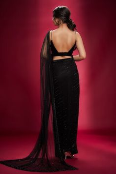 Black half georgette, half net saree with tonal black stone detailing embellishments in linear pattern. Comes with black strappy velvet bralette. - Aza Fashions Festive Saree For Gala, Fitted Saree With Sheer Dupatta For Evening, Evening Choli With Sheer Dupatta, Blue Prom Suits For Guys, Blue Prom Suit, Sarees Black, Aesthetic Personality, Royalty Aesthetic, Black Stones