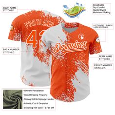 an orange and white baseball jersey with information about it