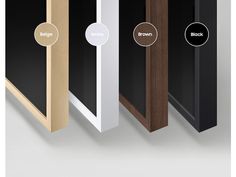 three different types of doors with labels on the front and back side, including black, white, and walnut