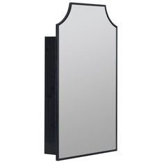 a large mirror mounted to the side of a black wall mount medicine cabinet with an arched design