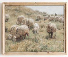 a painting of sheep grazing in a field