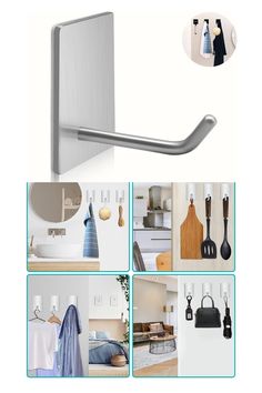 several pictures of kitchen accessories and items in the same photo, including an over door hook