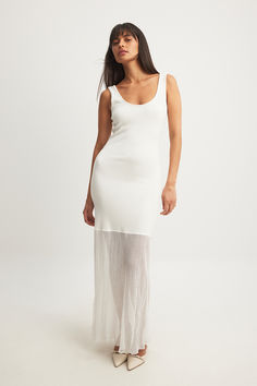 Knitted Maxi Dress Ribbed Stretch Maxi Dress, Stretch Ribbed Maxi Dress, Sheer Stretch Maxi Dress, White Sheer Sleeveless Maxi Dress, Summer Mesh Floor-length Maxi Dress, Summer Floor-length Mesh Maxi Dress, Chic White Sheer Maxi Dress, Chic Stretch Maxi Mesh Dress, Chic Stretch Mesh Maxi Dress