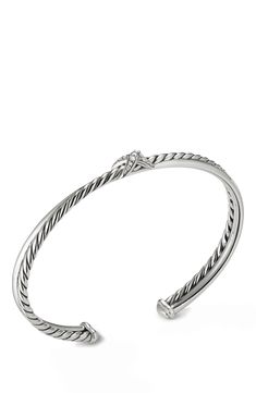 Sterling Silver. Pavé diamonds, 0.058 total carat weight. Bracelet, 5.2mm. Imported. Style Name:David Yurman Petite X Center Station Bracelet With Pavé Diamonds. Style Number: 6141971. Classic White Gold Bangle With Single Diamond, Luxury Silver Bracelet With Single Diamond, Classic White Gold Cuff Bracelet With Single Cut Diamonds, Formal Silver Diamond Bracelet With Single Diamond, Silver Sterling Bracelet With Single Diamond, Silver Diamond Bracelet With Single Diamond, Elegant Silver Diamond Bracelet With Single Diamond, Silver Bracelet With Single Diamond In Fine Jewelry Style, Silver Bracelet With Single Diamond